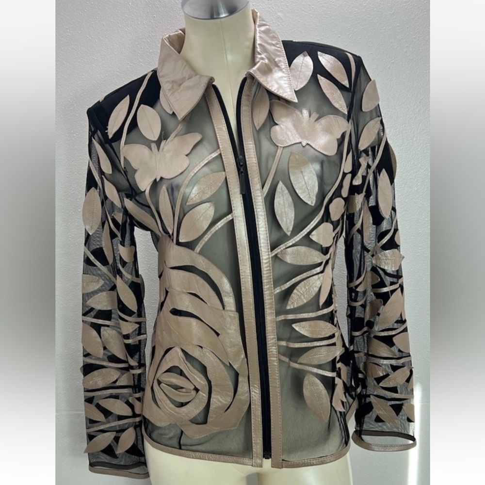 STILLMAN STUDIO Black  Leather Leaf Embossed & Flower Full Zip Jacket,  M